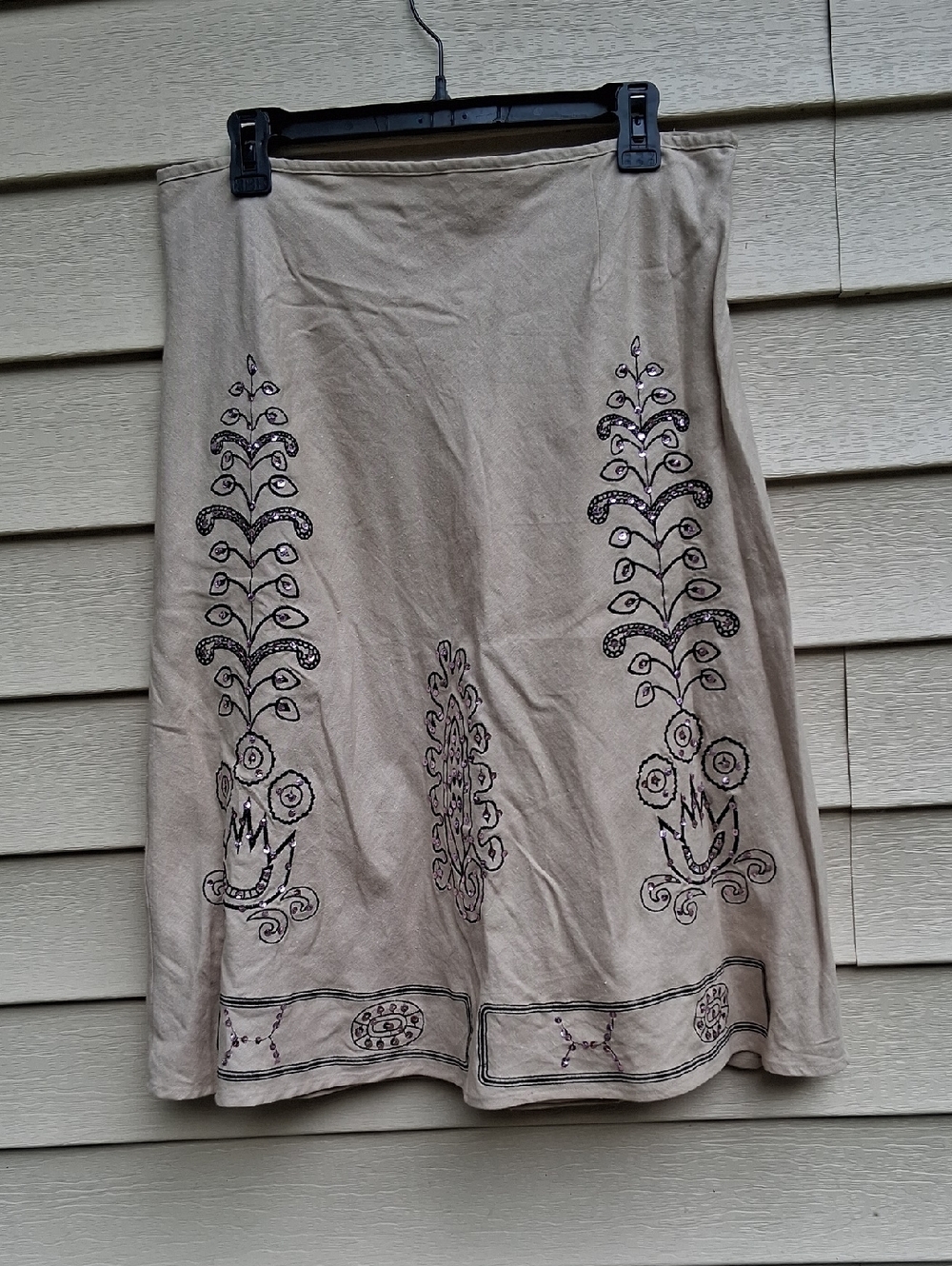 Carole Little Taupe A-Line Skirt with Black‎ Floral Embroidery